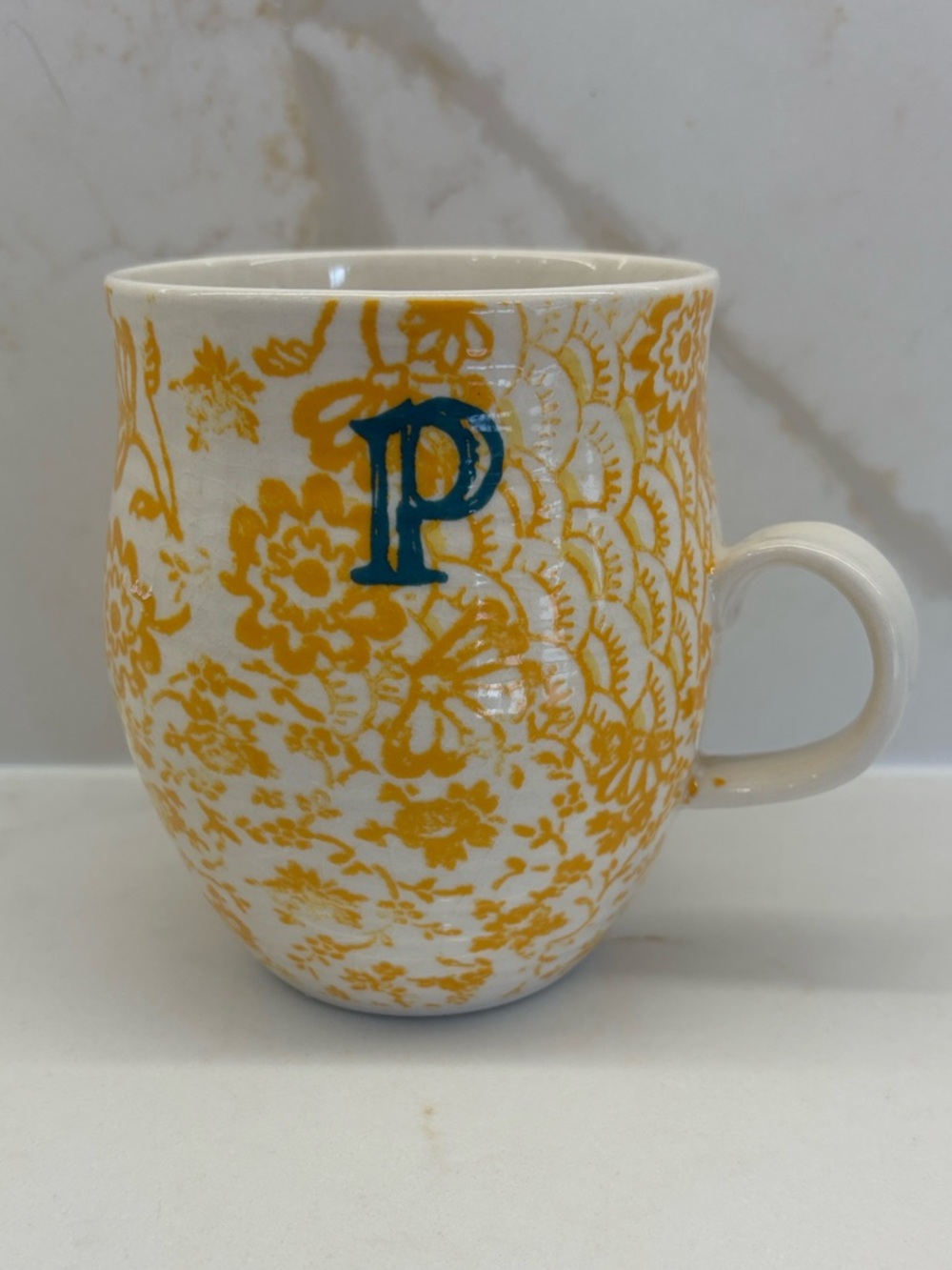 Discontinues Anthropologie Home Grown Monogram P Yellow Floral Koi Ceramic Mug